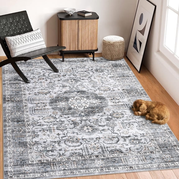 GlowSol 5'x7' Washable Area Rugs for Dining Room Home Office Vintage Medallion Print Non Slip Low Pile Throw Rugs Soft Foldable Accent Rug, Gray
