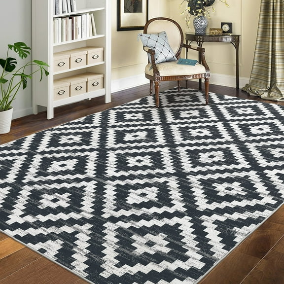 GlowSol 5'x7' Washable Rugs for Living Room Moroccan Trellis Area Rug Modern Geometric Rug Non-Shedding Stain-Resistant Rug Home Decor, Black