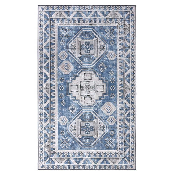 GlowSol 5'x8' Modern Area Rug Washable Vintage Distressed Persian Area Rugs Traditional Boho Chic Carpet Farmhouse Coffee Table Dining Table Rug, Navy Blue/Gray
