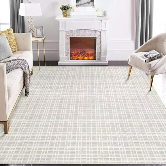 GlowSol 5x7 Area Rug Modern Geometric Rug Farmhouse Plaid Carpet Non-Slip Low Pile Washable Rug Indoor Foldable Thin Rug Home Floor Decor, Light Gray
