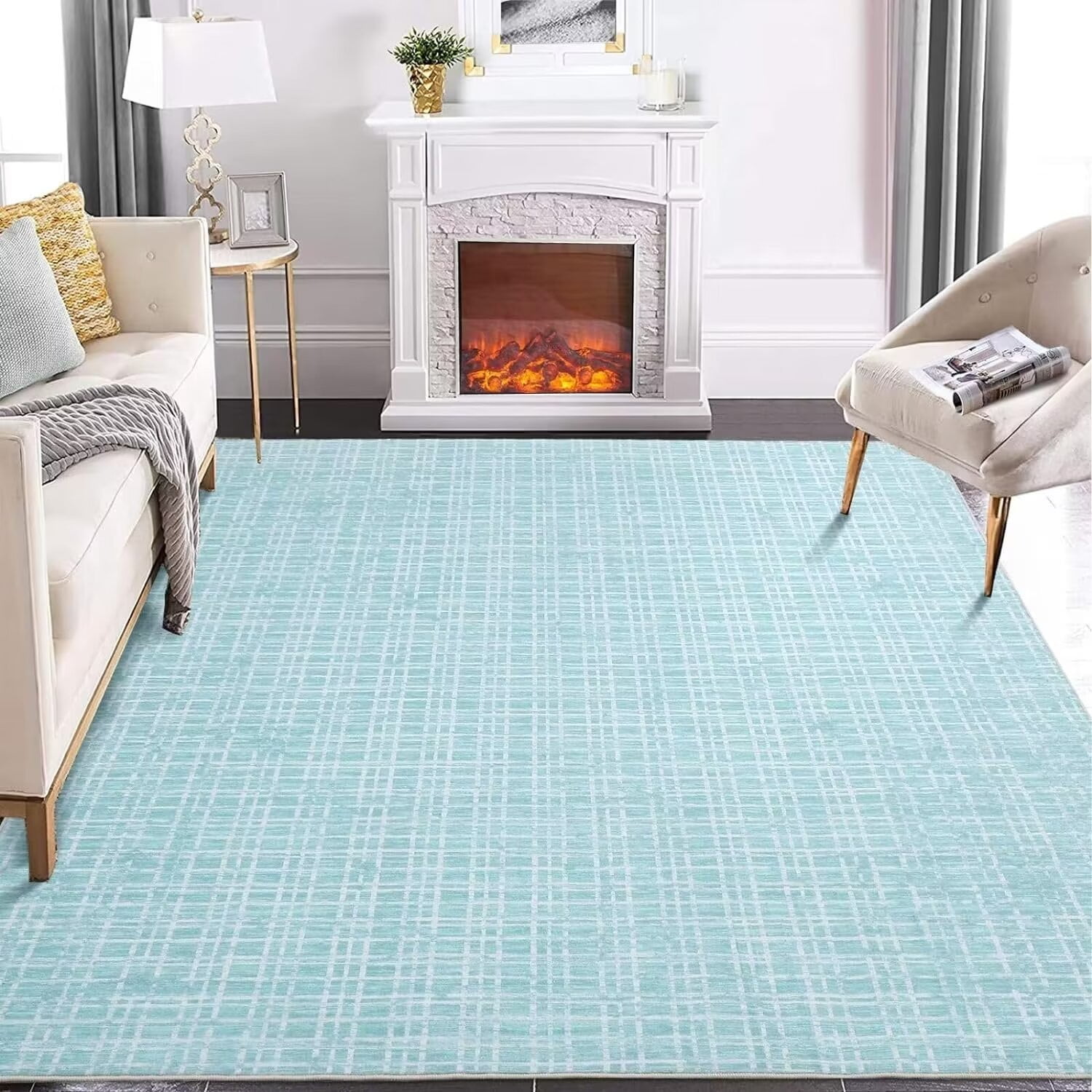 GlowSol 5x7 Area Rug Modern Geometric Rug Farmhouse Plaid Carpet Non-Slip Low Pile Washable Rug Indoor Foldable Thin Rug Home Floor Decor, Teal