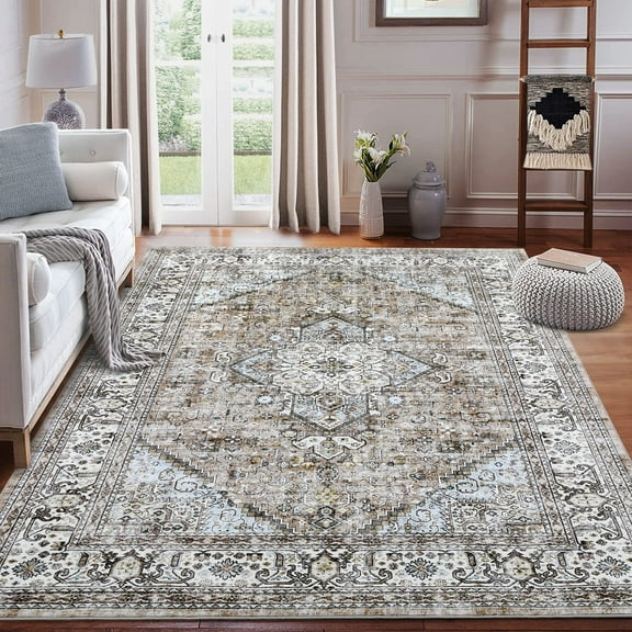 GlowSol 5x7 Area Rug Persian Rug Vintage Medallion Rug Floral Print Floor Carpet Washable Rug Soft Foldable Accent Rug for Nursery Playroom Apartment, Taupe