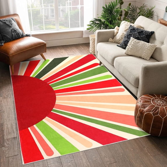 GlowSol 5x7 Area Rug Washable Rug Sun Pattern Print Area Rug Modern Kids Area Rug Bohemian Floor Carpet for Bedroom Living Room, Red/Green