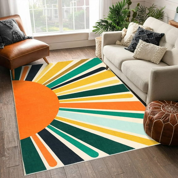 GlowSol 5x7 Area Rug Washable Rug Sun Pattern Print Area Rug Modern Kids Area Rug Bohemian Floor Carpet for Bedroom Living Room Nursery, Yellow/Green