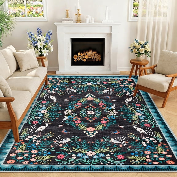 GlowSol 5x7 Black Washable Vintage Floral Area Rug, Non Slip Low Pile Rug for Hallway Kitchen Bedroom