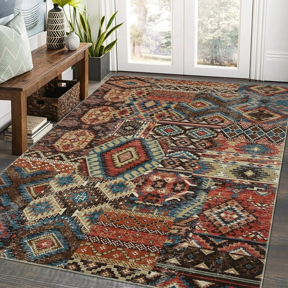 GlowSol 5x7 Bohemian Tribal Rug Washable Patchwork Area Rug Vintage Distressed Floor Cover Non-Slip Non-Shedding Rug Carpet for Dorm Playroom, Brick Red