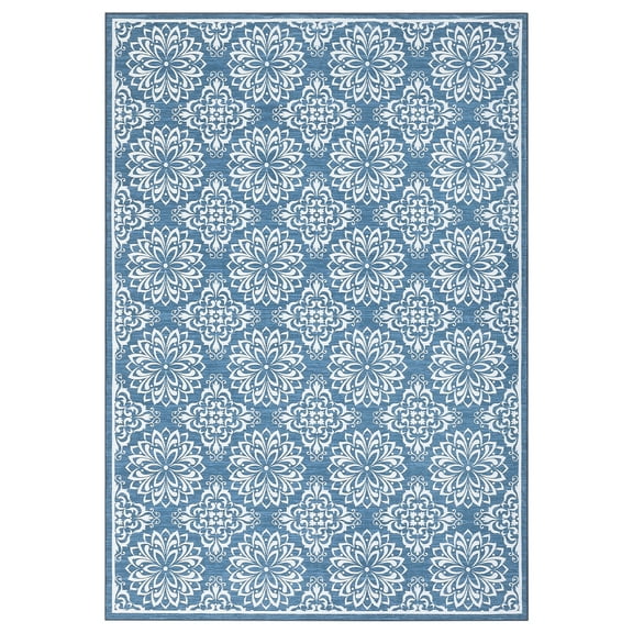 GlowSol 5x7 Floral Print Rug Soft Faux Wool Rug Low Pile Anti-Slip Modern Area Rugs Vintage Print Rug Throw Carpet for Dorm Playroom Apartment, Blue