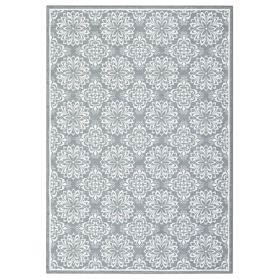 GlowSol 5x7 Floral Print Rug Soft Faux Wool Rug Low Pile Anti-Slip Modern Area Rugs Vintage Print Rug Throw Carpet for Dorm Playroom Apartment, Gray