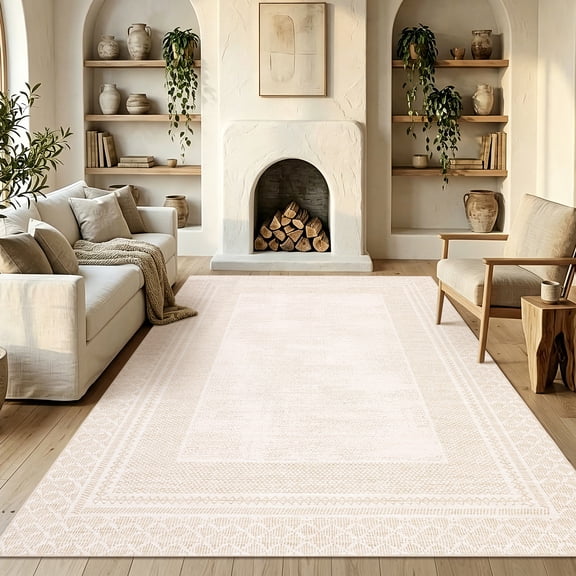 GlowSol 5x7 Washable Area Rug, Beige Geometric Non Slip Living Room Rug, Soft Low Pile Indoor Carpet for Bedroom Dining Room