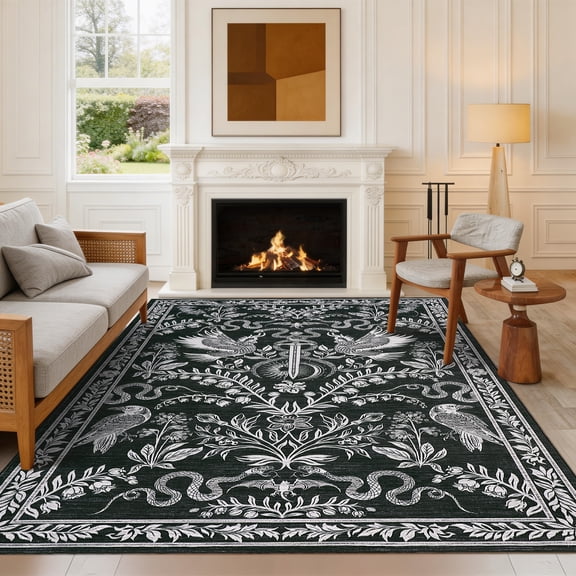 GlowSol 5x7 Washable Area Rug, Non-Slip Gothic Hallway Carpet with Sword Print, Foldable Bedroom Living Room Office, Black