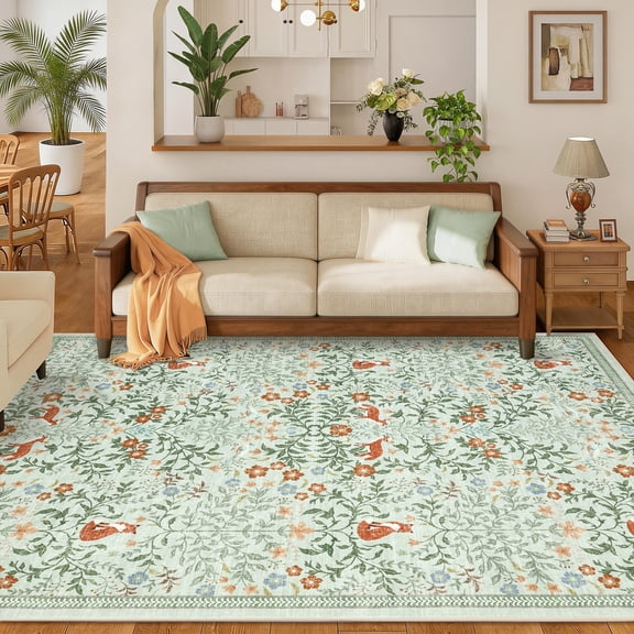 GlowSol 5x7 Washable Area Rug, Non-Slip Vintage Garden Carpet with Fox Print, Low Pile Mat for Living Room Bedroom Office, Green