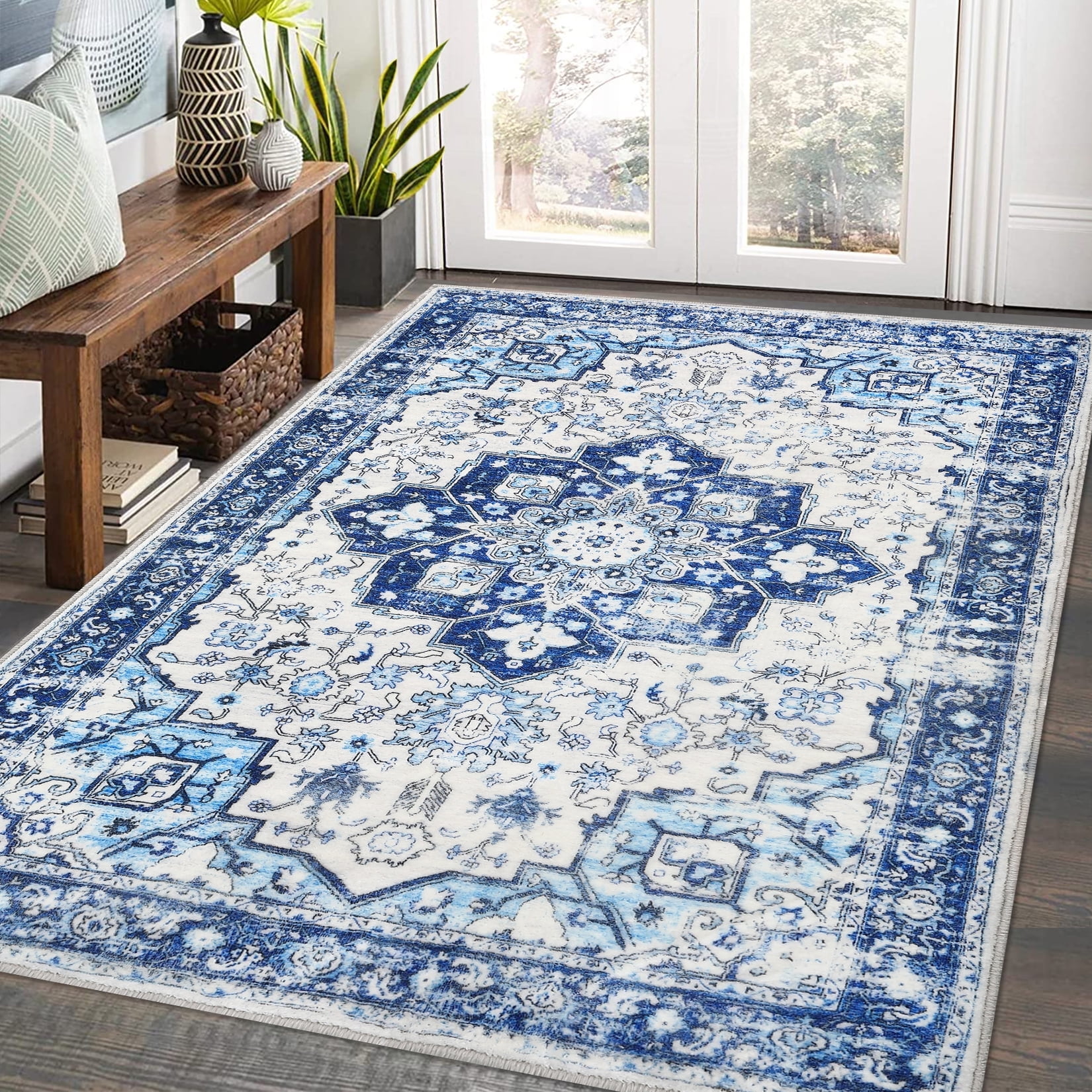 Blue and White Chenille 5' x 7' Washable Area Rug