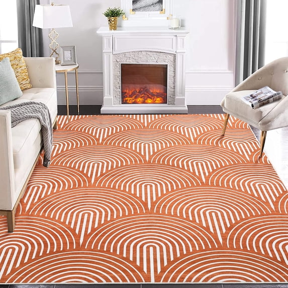 GlowSol 5x7 Washable Rug Modern Geometric Rug Stain-Resistant Non-Shedding Throw Carpet Contemporary Stripes Print Accent Rug for Nursery Playroom, Orange