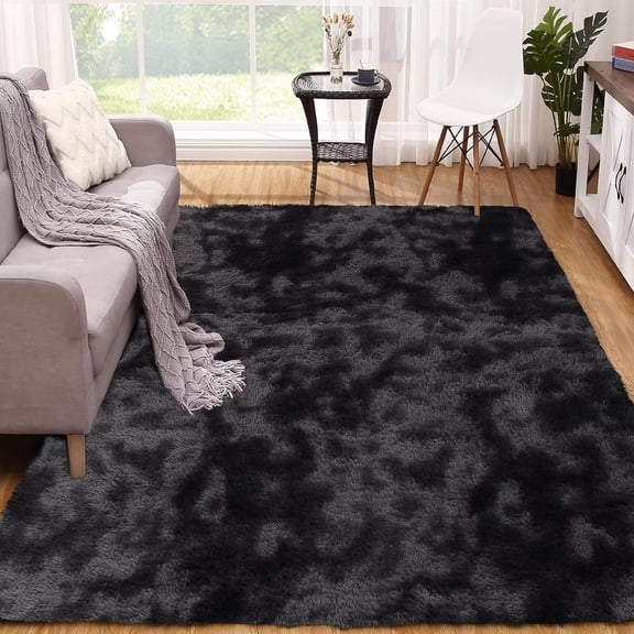 GlowSol 5x8 Modern Shag Area Rug Bedroom Living Room Rugs Fluffy Anti-Skid Shaggy Area Rug Carpet for Kids Nursery Dorm, Black Grey