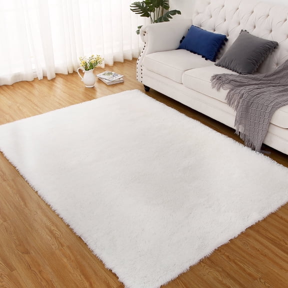 GlowSol 5x8 Modern Shag Area Rug Bedroom Living Room Rugs Fluffy Anti-Skid Shaggy Area Rug Carpet for Kids Nursery Dorm, White