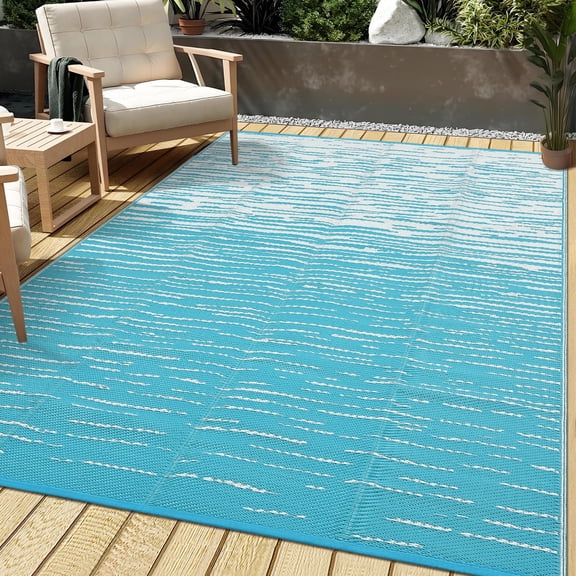 GlowSol 5x8 Outdoor Rug Waterproof - Plastic Straw RV Camping Rug, Foldable Reversible Patio Mat, Lightweight UV Resistant Carpet for Backyard Deck Picnic Beach Porch, Blue White Striped