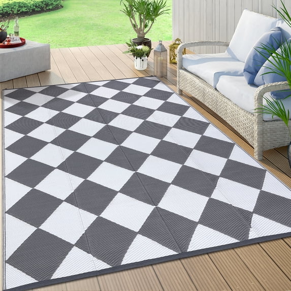 GlowSol 5x8 Outdoor Rug for Picnic Beach Deck-Outdoor Waterproof Patio Rug Indoor Outdoor Modern Geometric Area Rug Reversible Rug, Gray/White