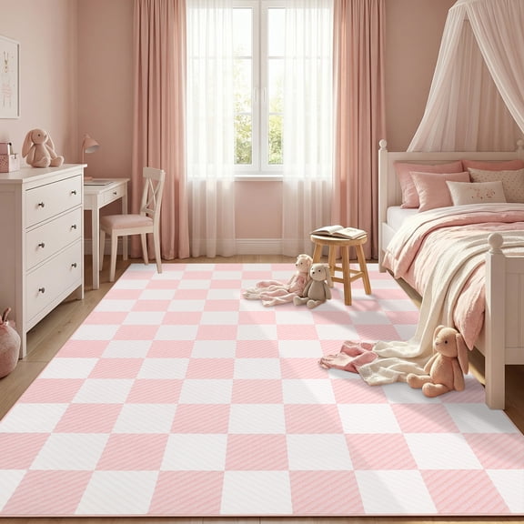 GlowSol 6×9 Light Pink Checkered Washable Non-Slip Low Pile Plaid Area Rug for Living Dining Bedroom