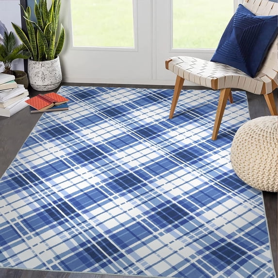 GlowSol 6' x 9' Modern Plaid Print Rug Farmhouse Geometric Indoor Area Rug Low Pile Stain-Resistant Carpet for Dining Room Home Office, Blue