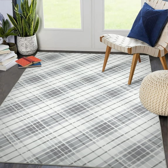 GlowSol 6' x 9' Modern Plaid Print Rug Farmhouse Geometric Indoor Area Rug Low Pile Stain-Resistant Carpet for Dining Room Home Office, Light Grey