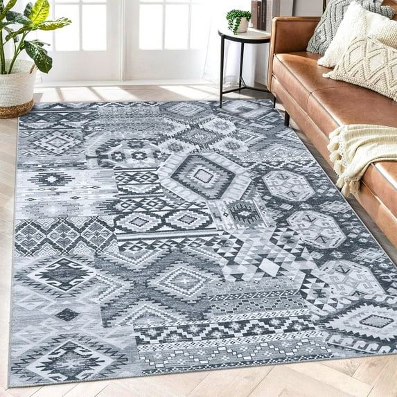 GlowSol 6' x 9' Patchwork Rug Boho Tribal Print Rug Washable Rug for Dining Room Home Office Non-Slip Non-Shedding Vintage Distressed Throw Carpet, Gray