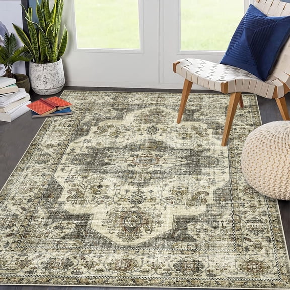 GlowSol 6' x 9' Vintage Area Rug Washable Rugs for Living Room Floral Print Medallion Accent Rug Non-Slip Rug, Taupe