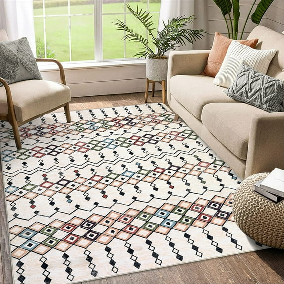 GlowSol 6'x9' Area Rug Moroccan Geometric Rug Boho Machine Washable Indoor Area Rug Non-Shedding Stain-Resistant Accent Rug, Beige