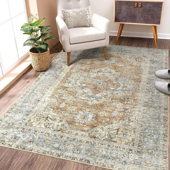 GlowSol 6'x9' Area Rug Oriental Floral Print Rug Carpet Farmhouse Persian Tribal Distressed Indoor Soft Thin Rug for Dining Room Bedroom, Orange