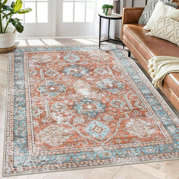 GlowSol 6'x9' Boho Area Rug Vintage Floral Distressed Rug Soft Washable Foldable Throw Rugs for Home Decoration, Terracotta