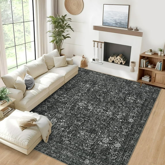 GlowSol 6'x9' Floral Area Rug Vintage Washable Rug Non-Slip Low Pile Farmhouse Distressed Carpet for Living Room Bedroom, Black
