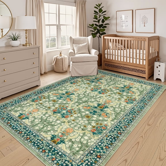 GlowSol 6'x9' Floral Washable Rugs Soft Large Area Rugs for Living Room Bedroom Non-Slip Low Pile Soft Accent Carpet, Green