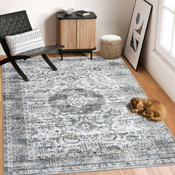 GlowSol 6'x9' Washable Area Rugs for Living Room Bedroom Vintage Medallion Print Non Slip Low Pile Throw Rugs Soft Foldable Accent Rug, Gray