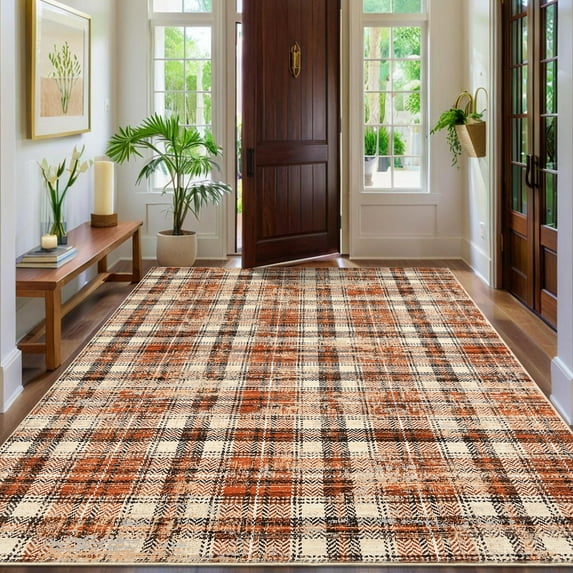 GlowSol 6'x9' Washable Area Rugs for Living Room Modern Farmhouse Plaid Rug Non-Slip Low Pile Large Rug Floor Cover, Orange