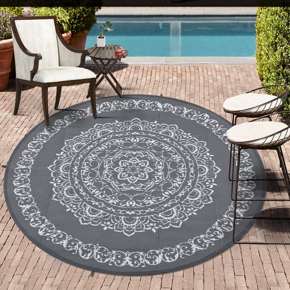 GlowSol 6x6 Round Outdoor Rug for Picnic Beach Deck-Outdoor Waterproof Patio Rug Indoor Outdoor Area Rug Reversible Rug, Gray/White