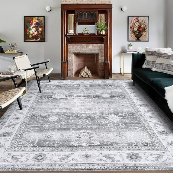 GlowSol 6x9 Vintage Floral Distressed Area Rug Boho Indoor Soft Non-Slip Thin Rug Machine Washable Throw Carpet for Dining Room Home Office, Gray