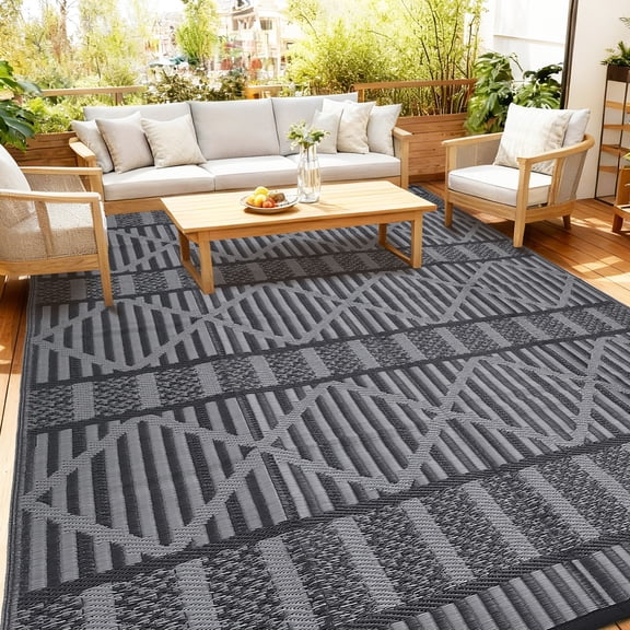 GlowSol 8*10 Reversible Outdoor Patio Rug, Waterproof UV Protected Portable Floor Mat for Camping, RV, Balcony, Backyard, Porch & Deck,Black Gray