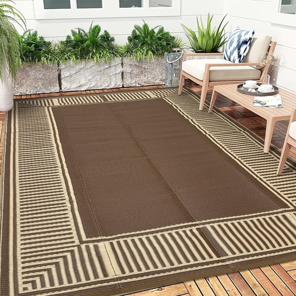 GlowSol 8*10 Woven Outdoor Rug, Waterproof Lightweight Easy Clean Mat for Backyard, Camping & Outdoor Use，Peony brown Coffee