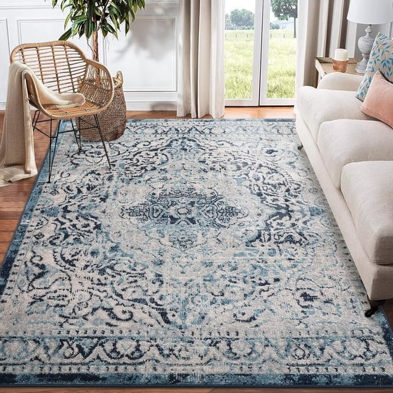 GlowSol 8'9" x 12'2" Large Area Rug Vintage Medallion Rug Floral Distressed Carpet Low Pile Stain-Resistant Rugs for Living Room Bedroom, Blue
