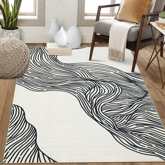 GlowSol 8' x 10' Area Rug Modern Abstract Area Rug Soft Non-Shedding Low Pile Rugs for Living Room Bedroom, Cream Black