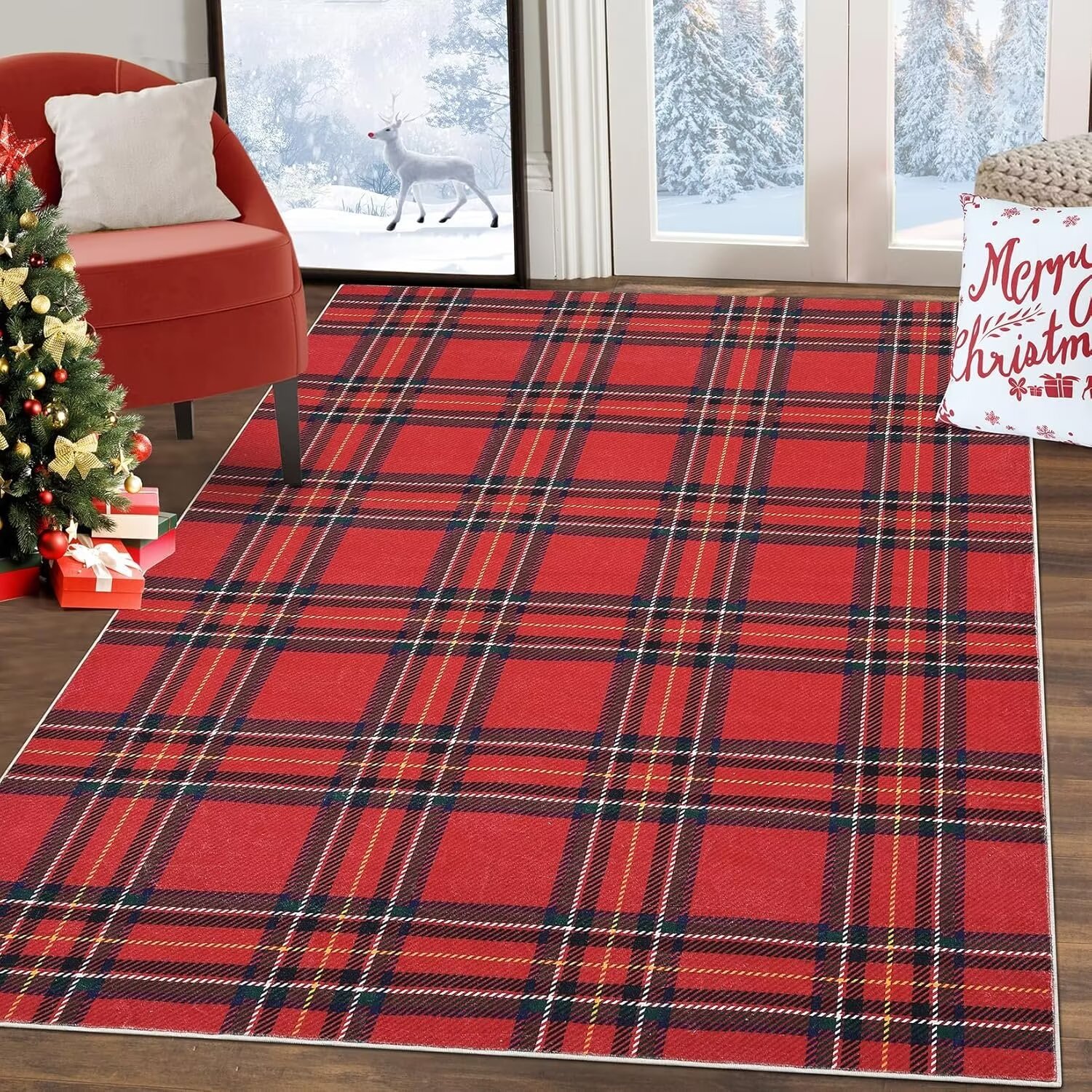 Tapis De Noël Long Motif Cerf Et Père Noël - 60x200 Cm - Doux, Lavable En Machine, Antidérapant - Déco Couloir, Cuisine, Salle De Bain