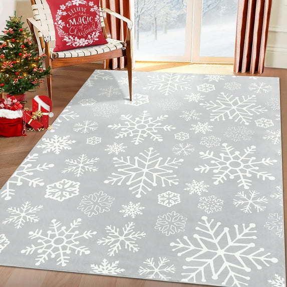 GlowSol 8' x 10' Christmas Washable Area Rug Xmas Snowflake Pattern Area Rug Low Pile Non-Shedding Accent Rugs for Living Room Bedroom, Grey