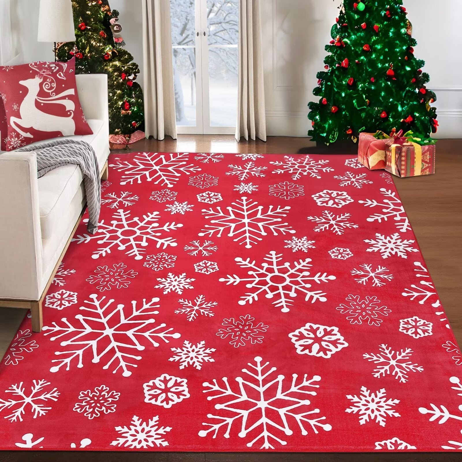 GlowSol 8' x 10' Christmas Washable Area Rug Xmas Snowflake Pattern ...
