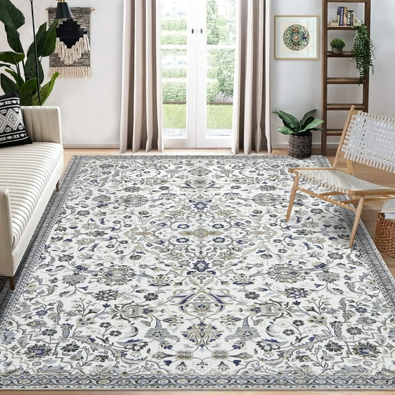 GlowSol 8' x 10' Floral Area Rug for Living Room Bedroom Retro Distressed Area Rug Traditional Medallion Non-Slip Low Pile Carpet Floor Decoration, Multi Color