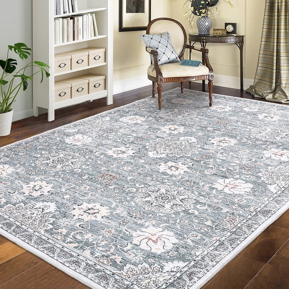 GlowSol 8' x 10' Floral Rugs Washable Vintage Boho Area Rug Soft Indoor Stain-Resistant Non-Shedding Floor Carpet for Dining Room Home Office, Blue Gray