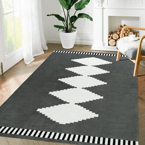GlowSol 8' x 10' Geometric Area Rug Soft Plush Floor Cover Retro Vintage Rug Indoor Non-Slip Non-Shedding Rug for Living Room Bedroom Home Office, Gray White