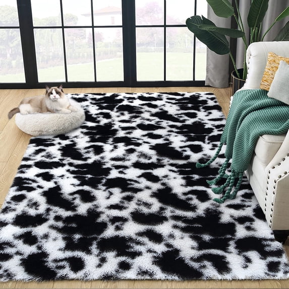 GlowSol 8' x 10' Large Shag Area Rug Black White Tie-Dye Indoor Super Soft Fuzzy Plush Rugs Modern Fluffy Carpets for Kids Room Nursery Dorm