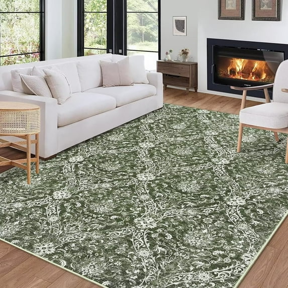 GlowSol 8' x 10' Large Vintage Medallion Area Rugs Washable Floral Rug Soft Low Pile Non-Slip Area Rugs for Living Room Bedroom, Green