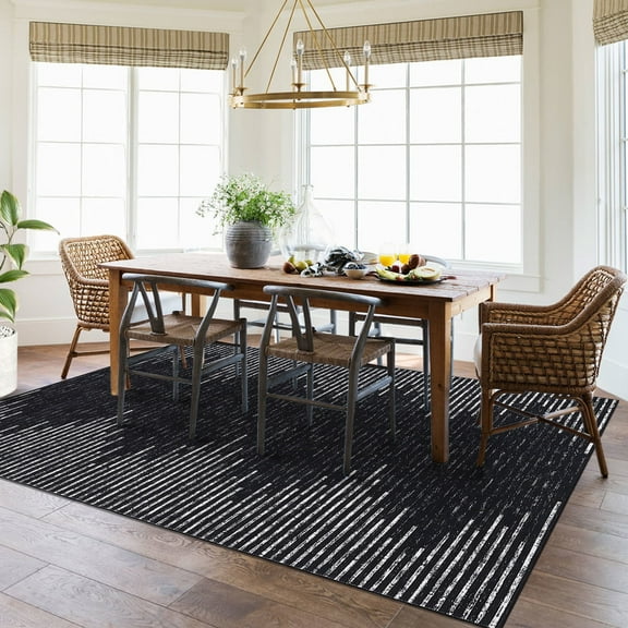 GlowSol 8' x 10' Large Washable Rug Geometric Striped Area Rug Soft Non Slip Low Pile Stain Resistant Carpet for Living Room Bedroom, Black
