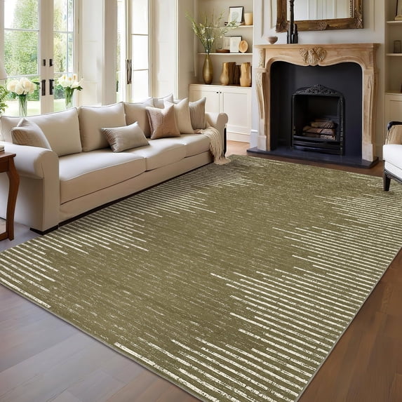 GlowSol 8' x 10' Large Washable Rug Geometric Striped Area Rug Soft Non Slip Low Pile Stain Resistant Carpet for Living Room Bedroom, Camel