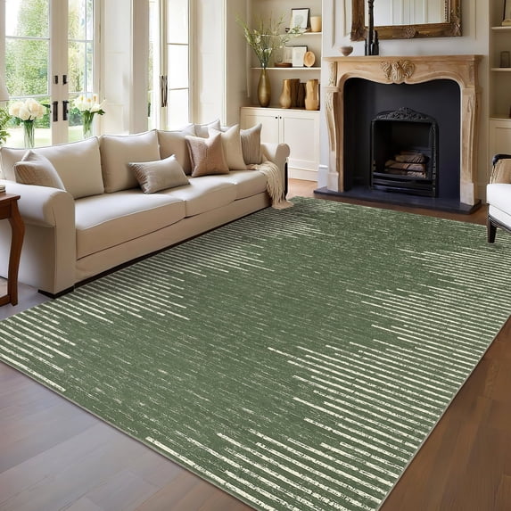 GlowSol 8' x 10' Large Washable Rug Geometric Striped Area Rug Soft Non Slip Low Pile Stain Resistant Carpet for Living Room Bedroom, Green